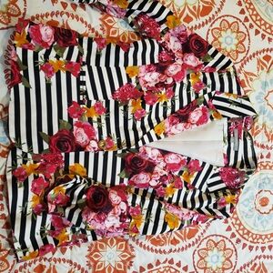 NY Collection Black and White Striped Floral Blazer